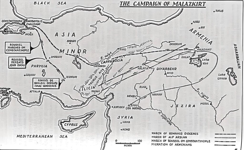  1071'de Selçuklular ve Bizanslılar arasındaki Malazgirt/Manzikert seferinin haritası