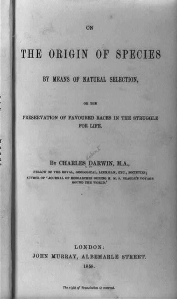 Charles Darwin'in Türlerin Kökeni Üzerine kitabının başlık sayfası, 1859, ilk baskı. Kaynak: Kongre Kütüphanesi.