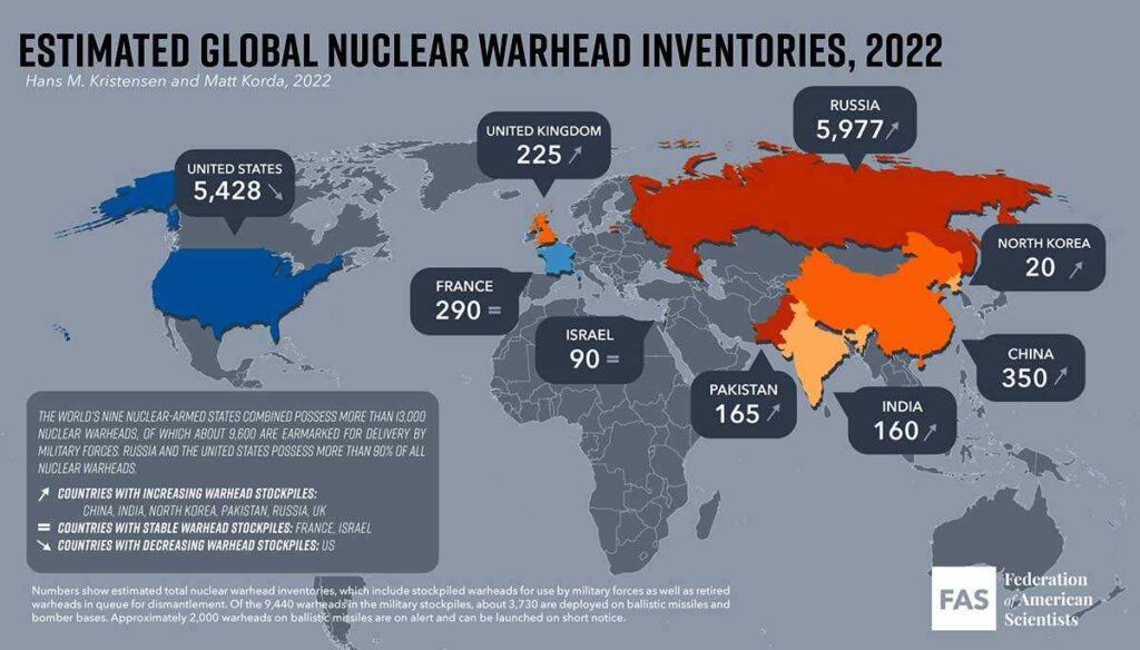 Ülkelere göre tahmini nükleer başlık miktarlarının haritası