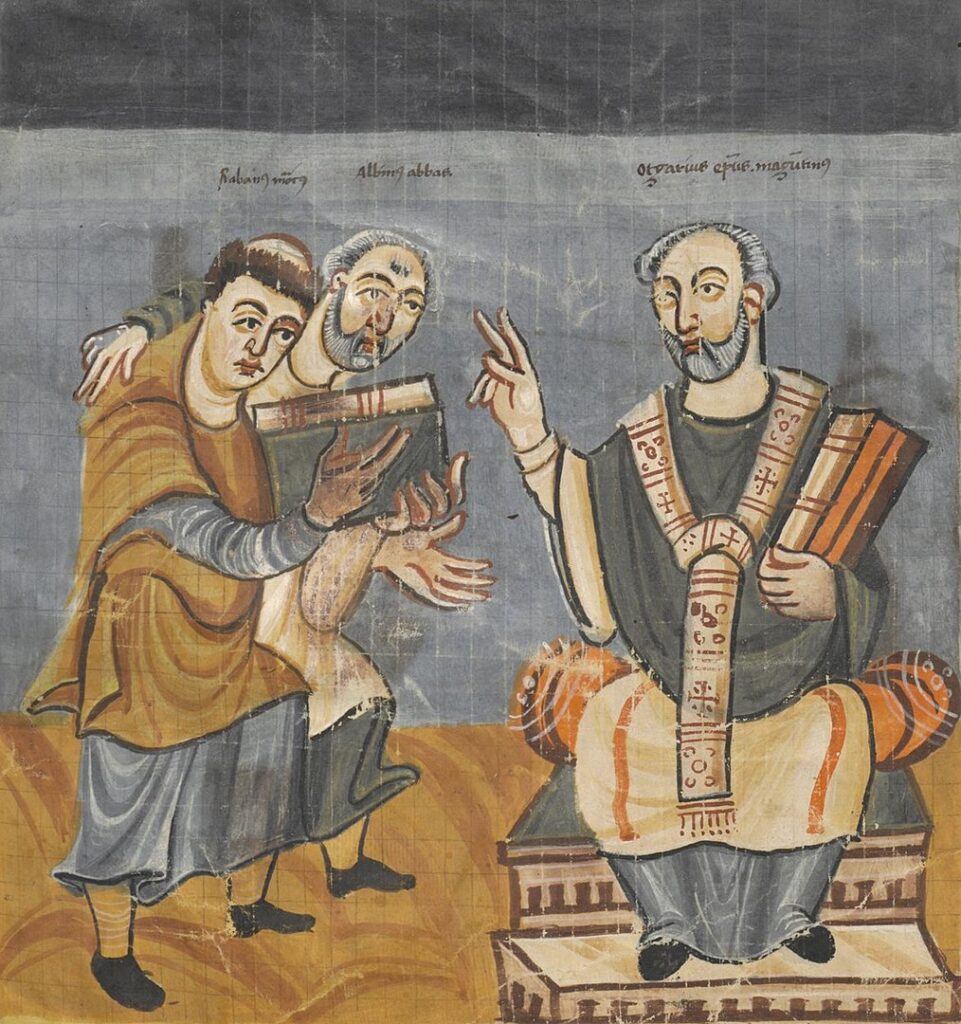 Alcuin (resimde ortada), Karolenj Rönesansının önde gelen bilginlerinden biriydi.
