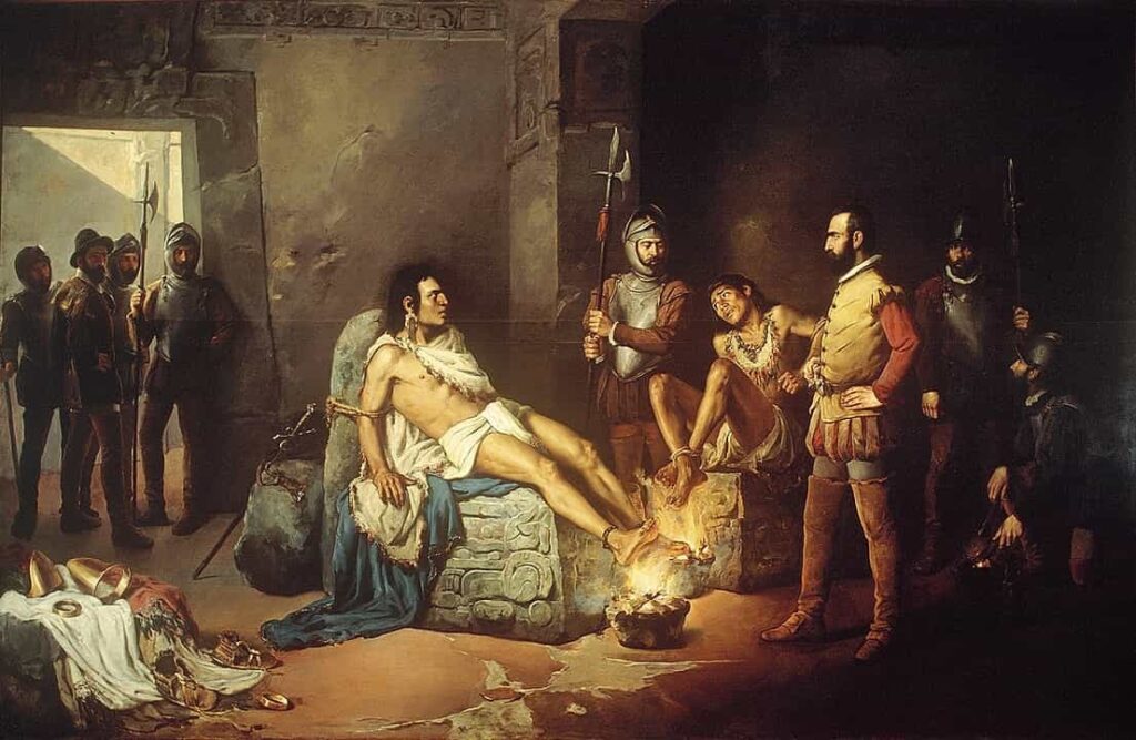 "Cuauhtémoc'un Şehit Edilmesi", Leandro Izaguirre tarafından 19. yüzyılda yapılmış bir tablo
