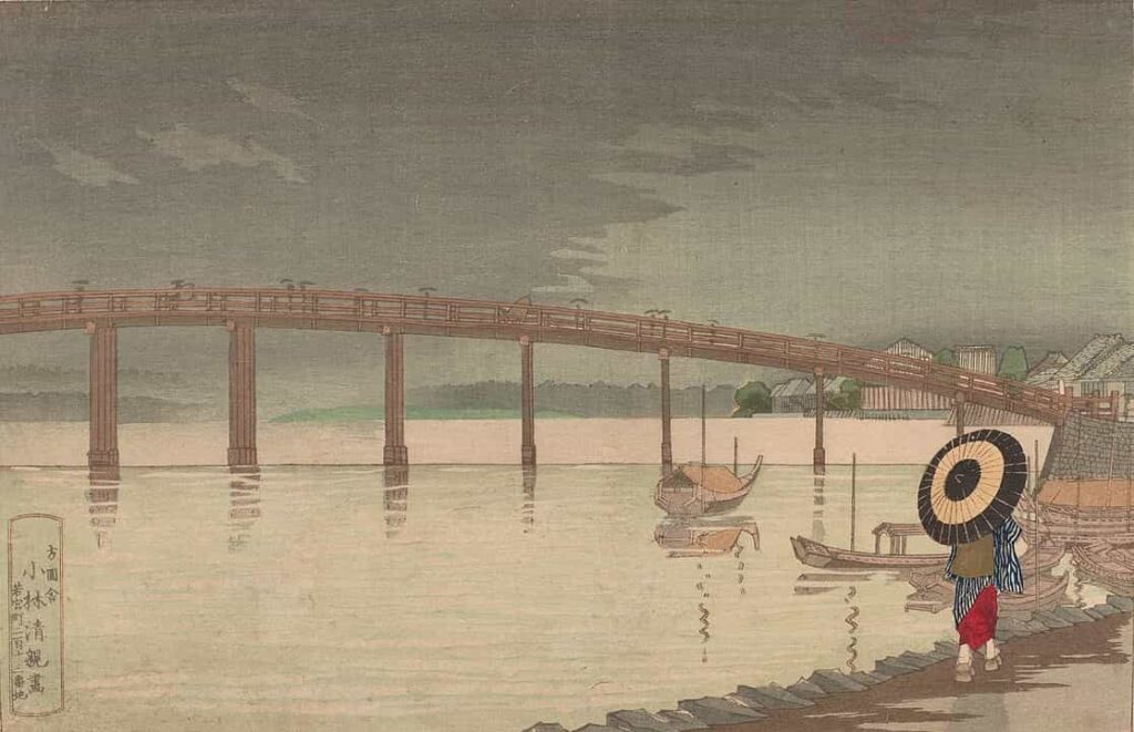 Kobayashi Kiyochika, Tokyo'nun Shin-Ohashi köprüsünün yağmur altında görünümü, 1876.