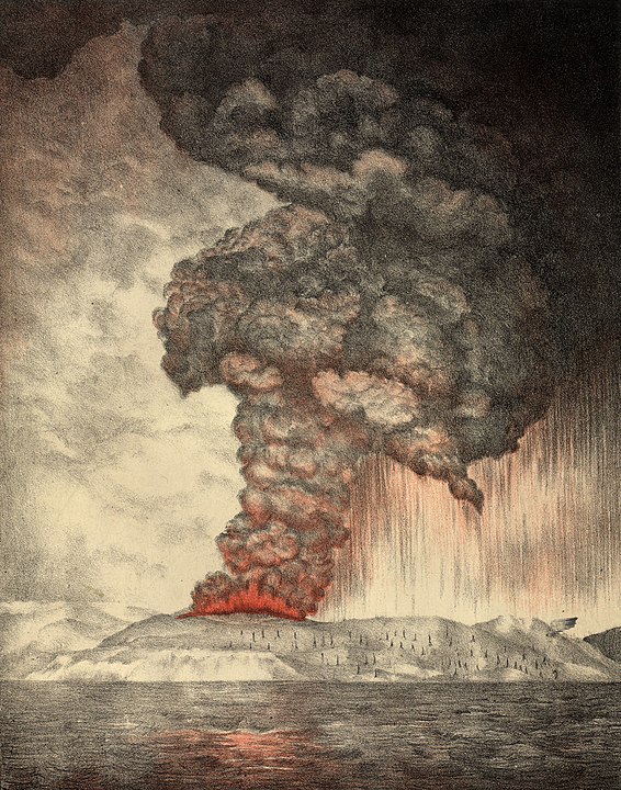 Krakatoa'nın 1883'teki patlamasını gösteren 1888 tarihli bir taş baskı.
