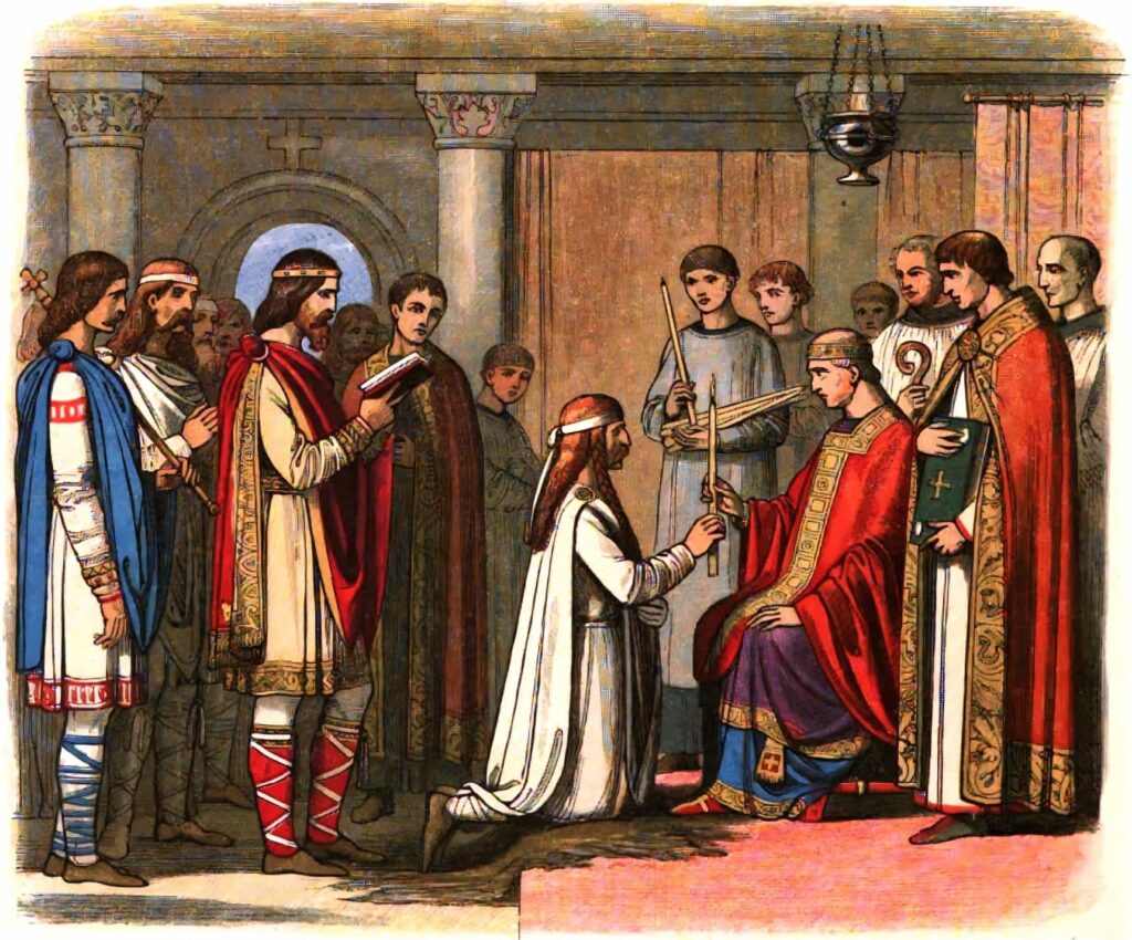 Guthrum'un 878 yılındaki vaftizinin Viktorya dönemine ait bir temsili.