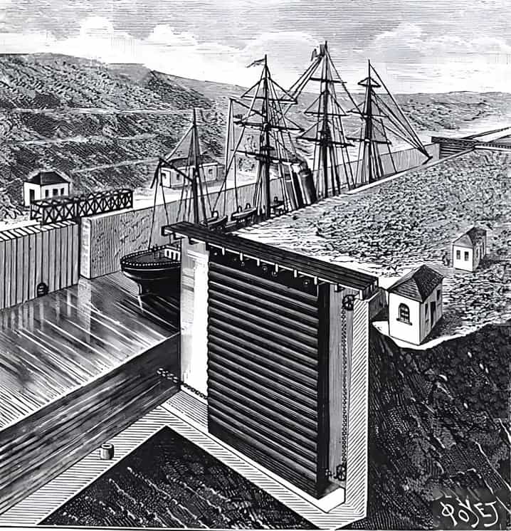 Çağdaş bir dergiden Eiffel'in Panama Kanalı kilit tasarımının çizimi.
