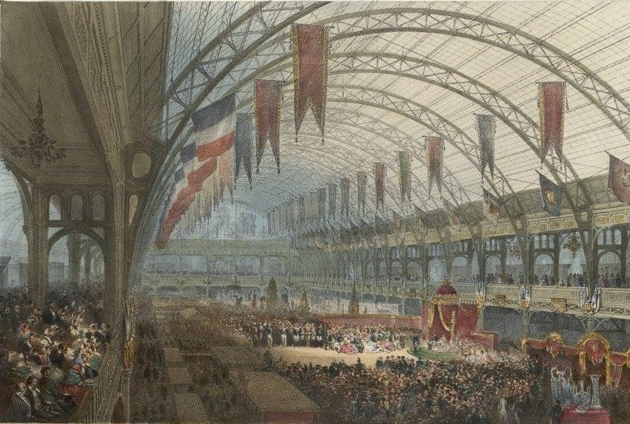 III. Napolyon tarafından Palais de l'Industrie'deki Evrensel Sergi'nin açılışı (Louis-Jules Arnout'un renkli litografisi).

