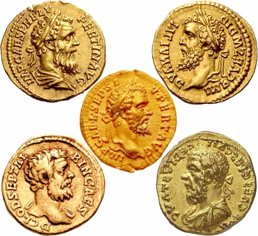 MS 193 yılındaki beş Roma imparatorunun aurei'leri. Sol üstten saat yönünde: Pertinax, Didius Julianus, Pescennius Niger ve Clodius Albinus, ortada Septimius Severus.
