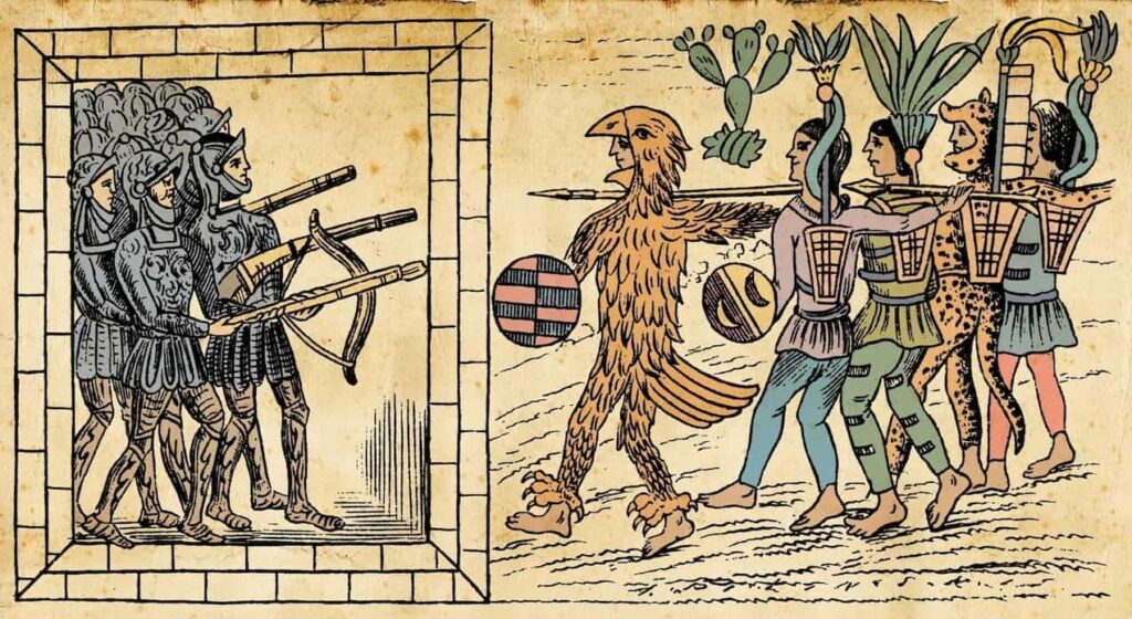 Aztek savaşçıları, 16. yüzyıldan kalma bu gravürde Moctezuma'nın sarayında saklanan Alvarado komutasındaki İspanyolları kuşatıyor.
