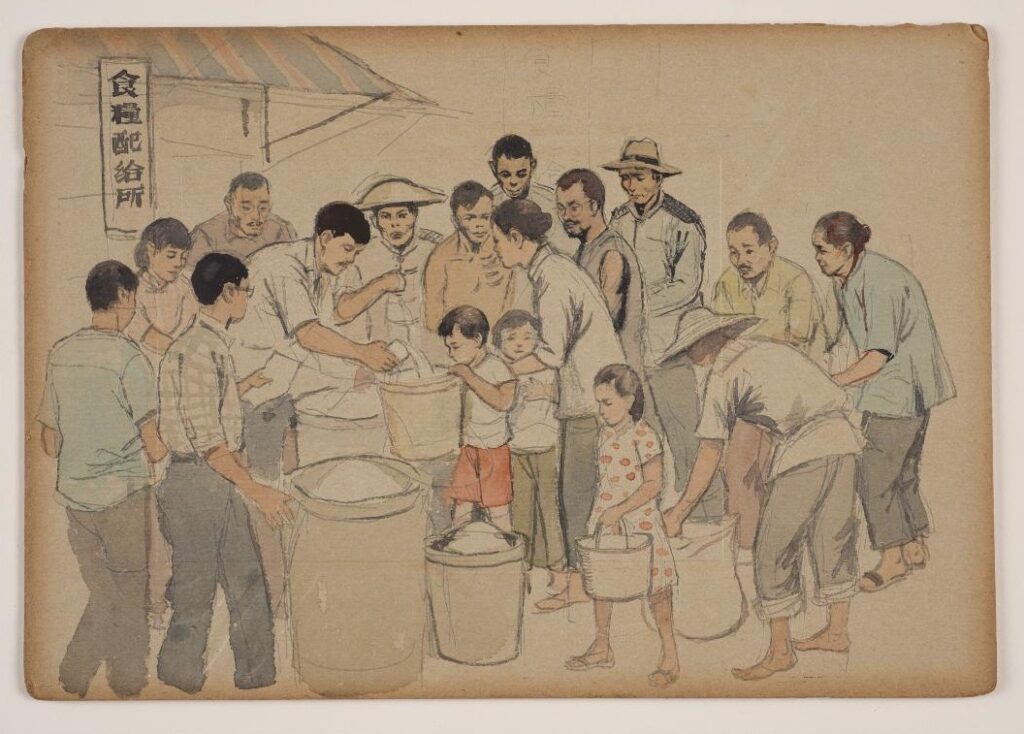 Japon İşgali sırasında gıda karnesinin nasıl uygulandığının çizimi.