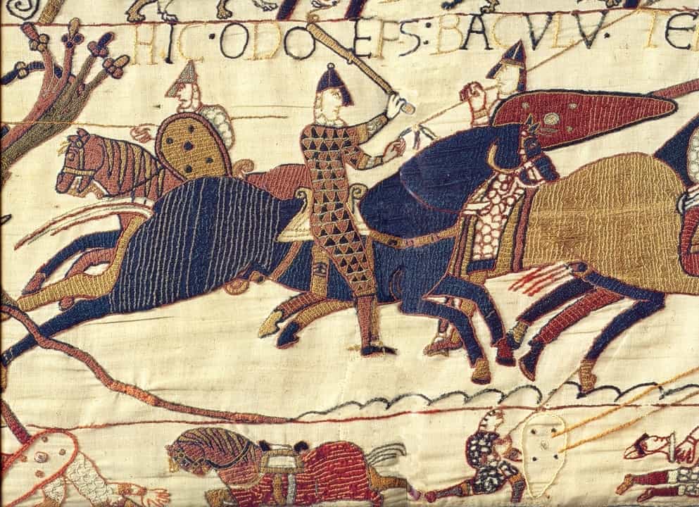 Bayeux Tapestry'den Piskopos Odo'nun 1066'daki Hastings Muharebesi sırasında Dük William'ın ordusunu topladığını gösteren bir sahne
