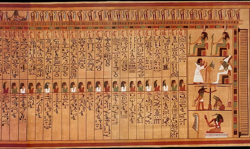 Ani Papirüsü: Ma'at'ın 42 yargıcından bazıları oturur vaziyette ve küçük boyutlarda görülebilir.