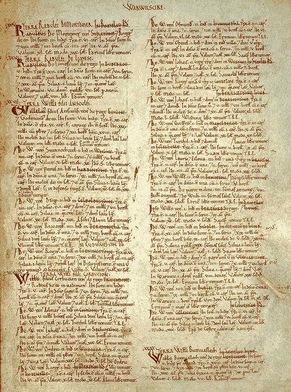 Warwickshire için Domesday Book'tan bir sayfa
