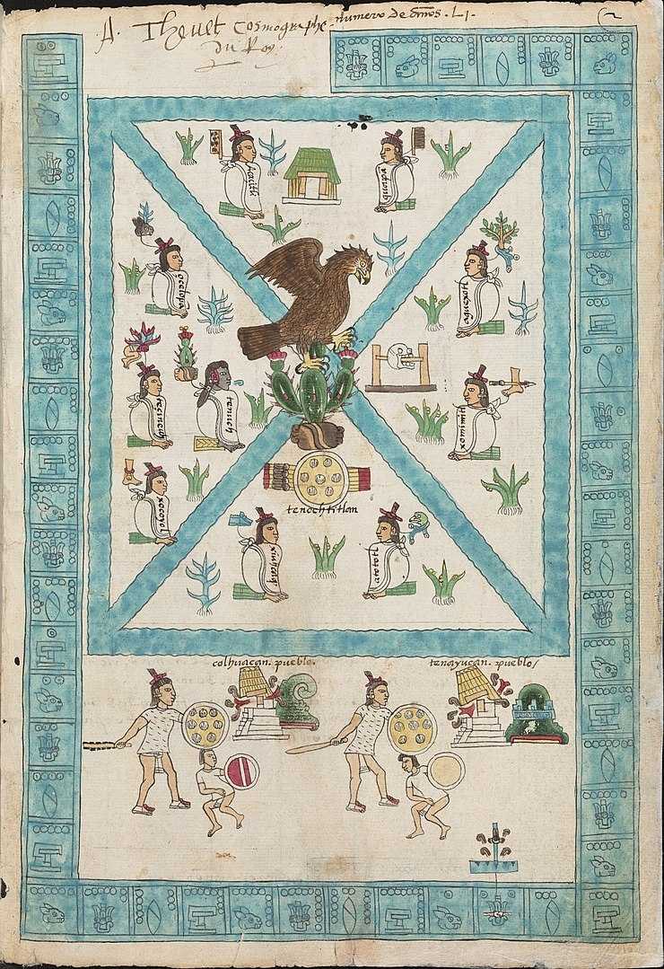 Aztek başkenti Tenochtitlan'ın kuruluşu; Codex Mendoza'nın ilk sayfası, 1541 civarı
