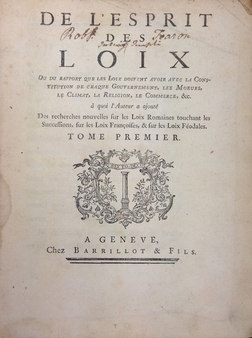Montesquieu'nun 1748 tarihli De l'Esprit des loix.
