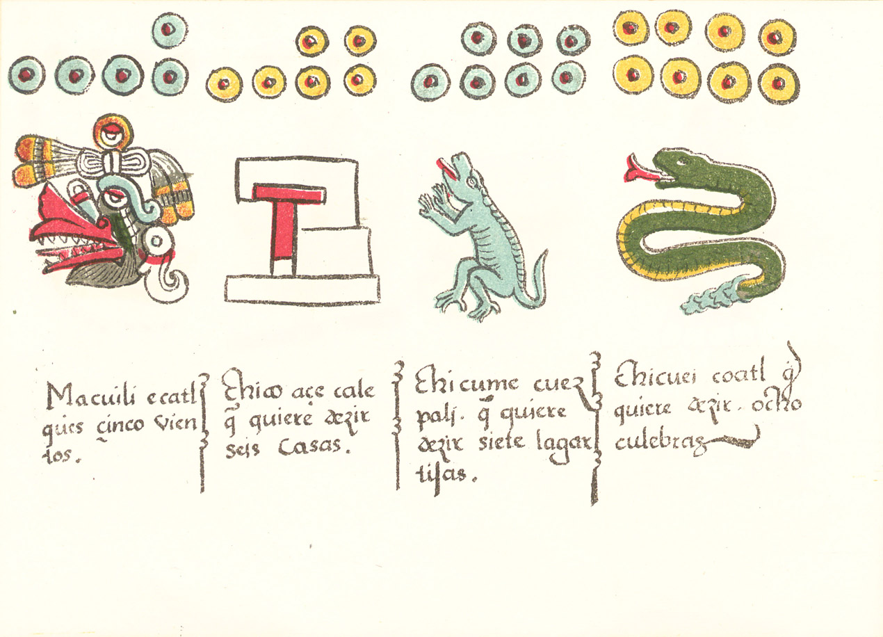 Aztek takviminde 5. Rüzgar, 6. Ev, 7. Kertenkele ve 8. Yılan günlerinin işaretlerini tasvir etmektedir (Folio 11v)

