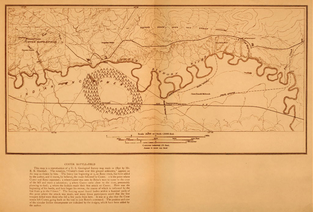 Curtis'in teorisine göre Custer'ın muharebe alanı üzerindeki rotası. 