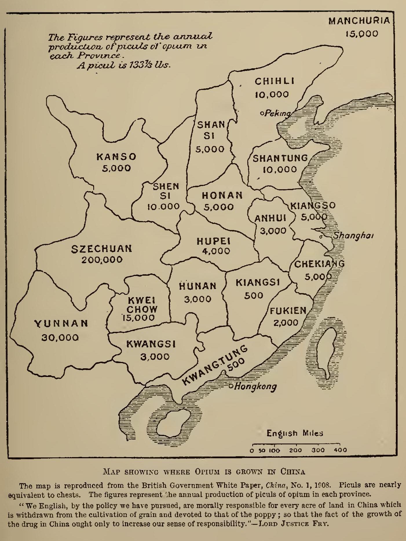 Çin'de 1908 yılında üretilen afyon miktarını gösteren harita