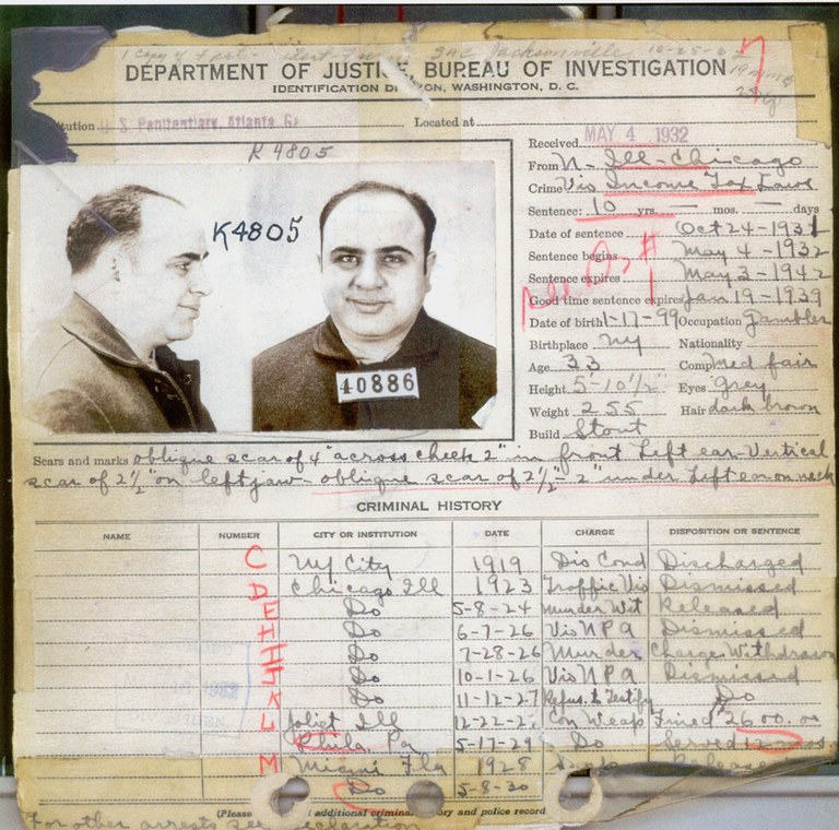 Al Capone'un 1932 yılındaki FBI suç kaydı,