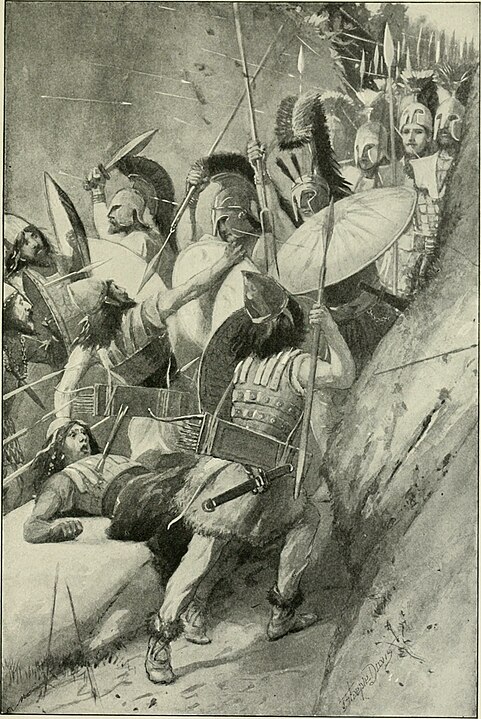 Termopylae Muharebesi. Yunanlıların muazzam Pers ordusunun ilerleyişini durdurmak için uyguladıkları "tıkaç" tipi stratejiyi gösteren, kaynağa bağlı olarak 15 ila 50 metre genişliğinde bir tasvir.