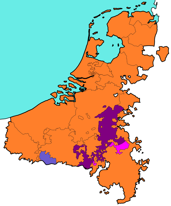 Turuncu renkte, bölünmeden önceki İspanyol Hollandası. Mor renkte, Liège Prensliği. Pembe ile, Stavelot-Malmedy Prenslik Manastırı.