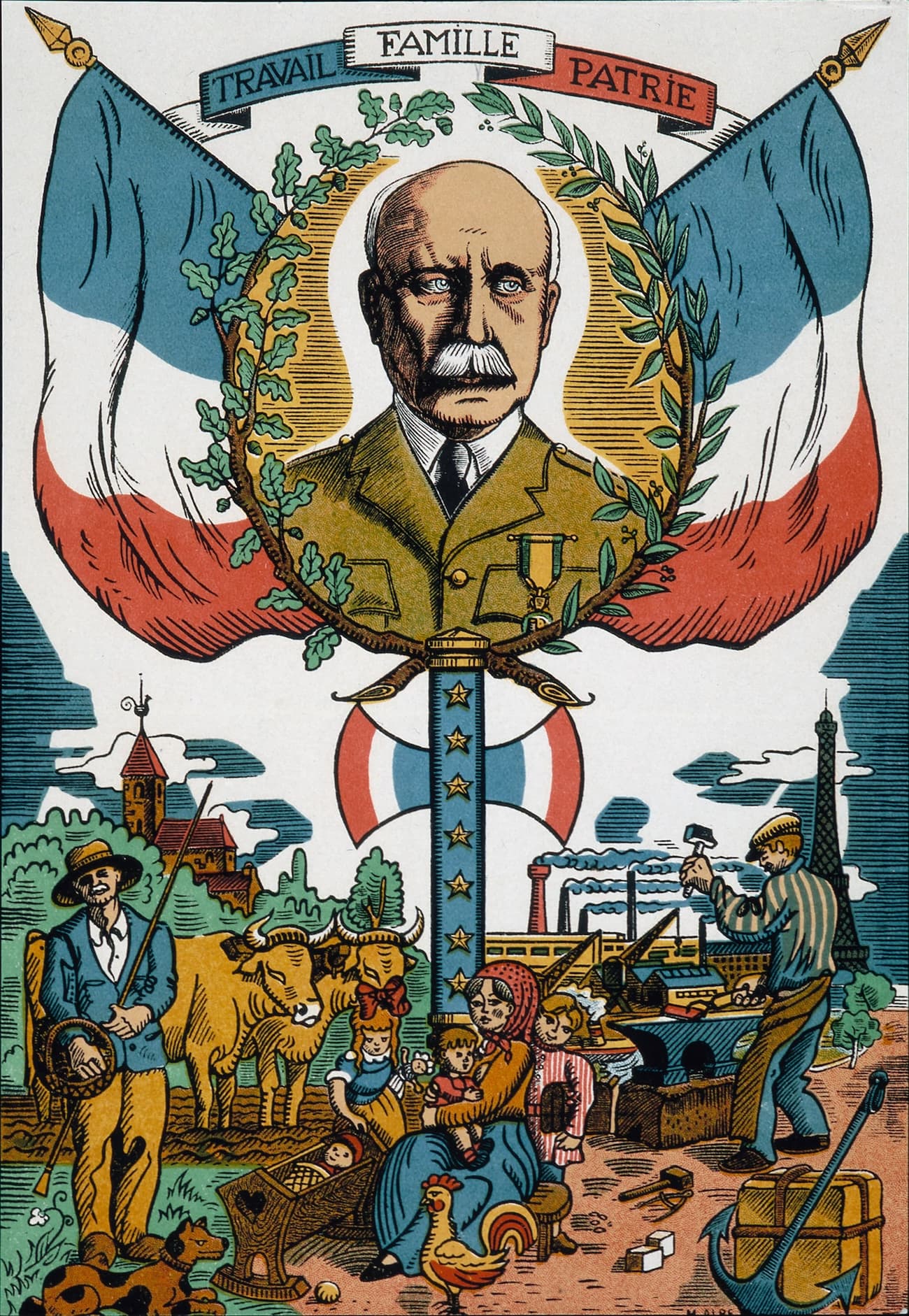 Kırsal ve endüstriyel Fransa manzarası üzerinde sloganın ve Philippe Pétain'in yer aldığı propaganda görseli.