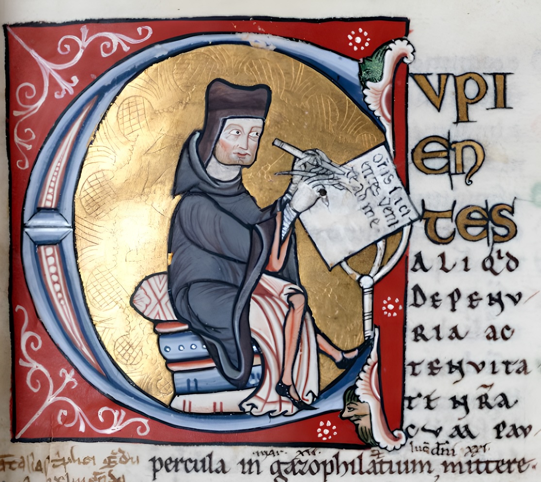 Peter Lombard ya da Petrus Lombardus çalışırken. Sententiae (Cümleler), Bibliotheque Municipale at Troyes MS900, fol. 1r, 1158. (Kamu malı)