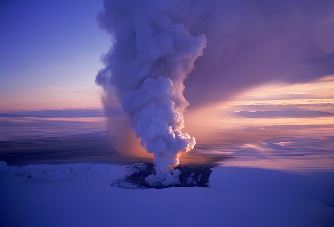 Bir buzul altı volkanik patlamadan çıkan duman Vatnajökull buz örtüsünün üzerinde yükseliyor.