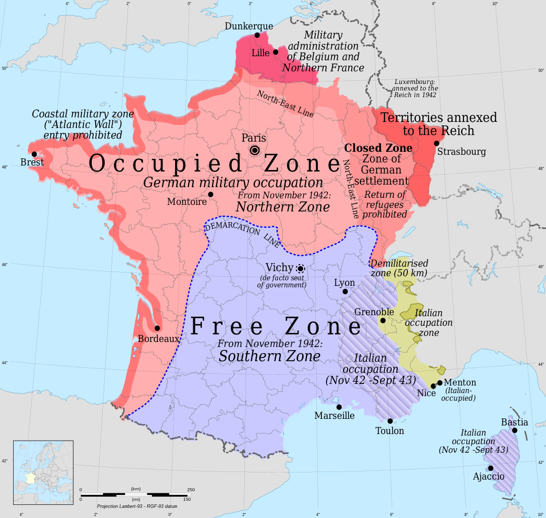 Metropol/kıta Fransa'sı Alman işgali altındaydı (Almanlar Kasım 1942'den itibaren güney bölgesini işgal etti - Case Anton Operasyonu). Sarı bölge İtalyan yönetimi altındaydı.