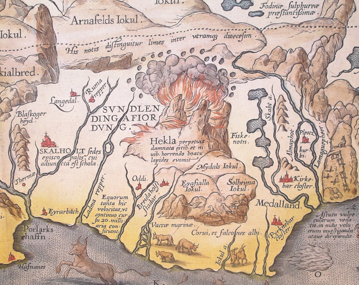 Abraham Ortelius'un 1585 tarihli İzlanda haritasından Hekla'nın patlamasını gösteren detay.