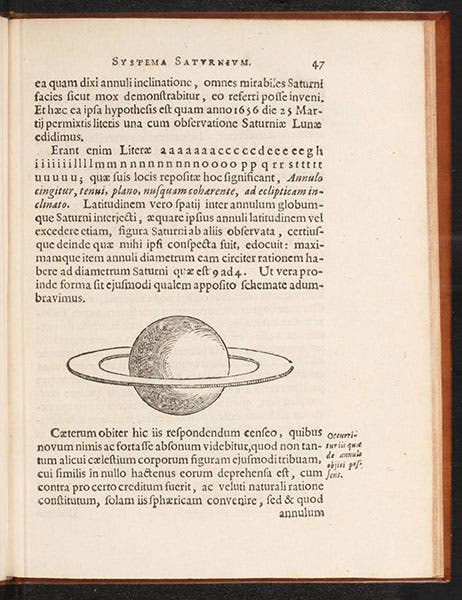 Huygen'in önerdiği halkalı Satürn modeli, tahta baskı, Christiaan Huygens, Systema saturnium, 1659 (Linda Hall Kütüphanesi)
