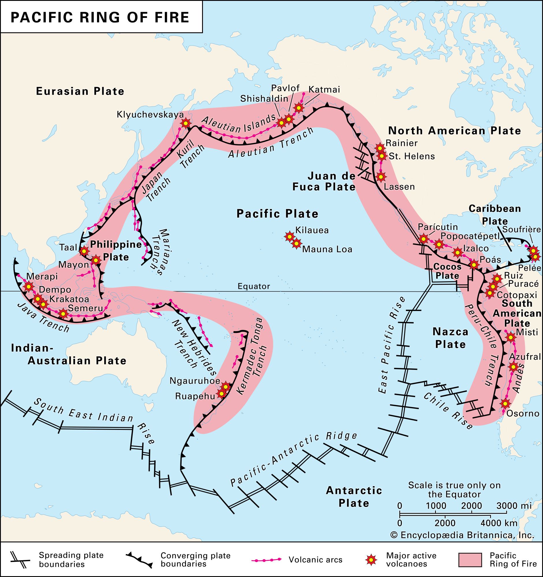 Pasifik Okyanusu'nu çevreleyen aktif volkanlar, volkanik arklar ve tektonik plaka sınırlarından oluşan Pasifik Ateş Çemberi.