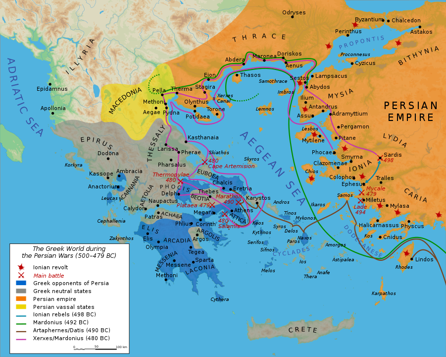 Pers-Yunan Savaşları sırasında Yunan dünyasını gösteren harita (yaklaşık MÖ 500-479).