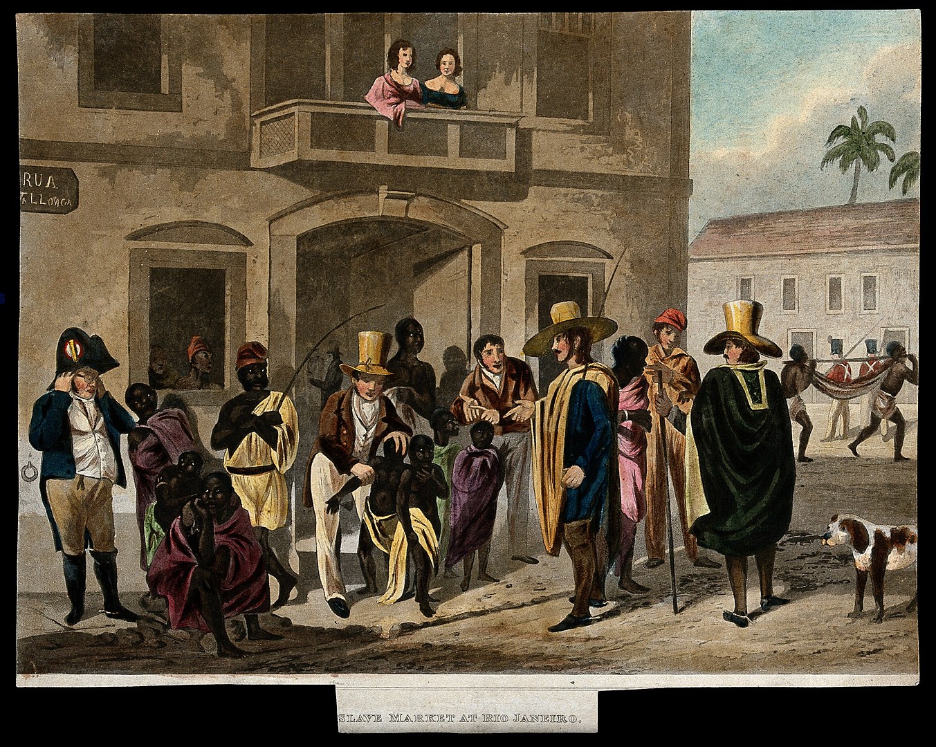1857'den önce Rio de Janeiro'daki (Brezilya) köle pazarında köleleri inceleyen Avrupalılar