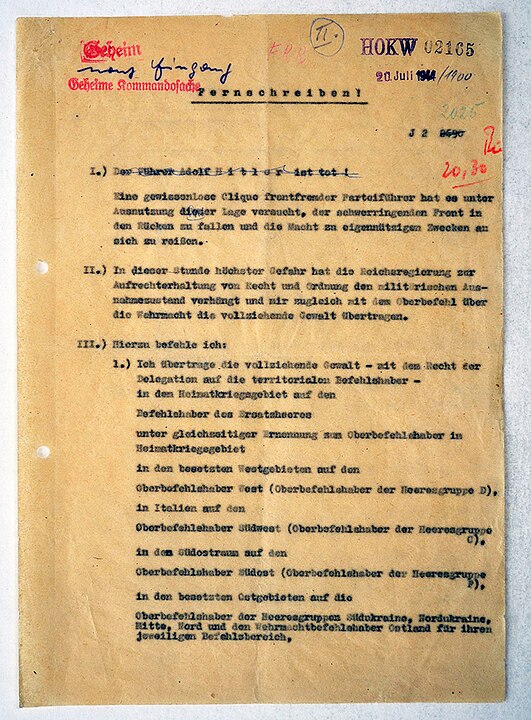 Valkyrie Harekâtı Hitler'in ölümünü ilan eden teleks.