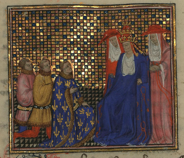 Anjou dükü ile papa VII. Clement (oturan) arasında Avignon'da yapılan görüşme, Froissart'ın Chronicles'ından.

