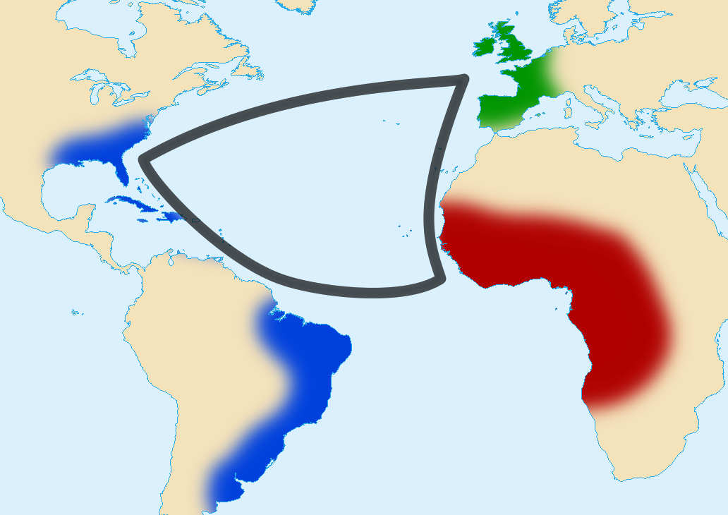 Batı Avrupa, Afrika ve Amerika kıtaları arasında üçgen ticaret.