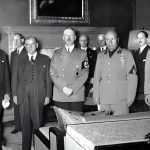 Chamberlain, Daladier, Hitler, Mussolini, and Ciano pictured before signing the Munich Agreement.