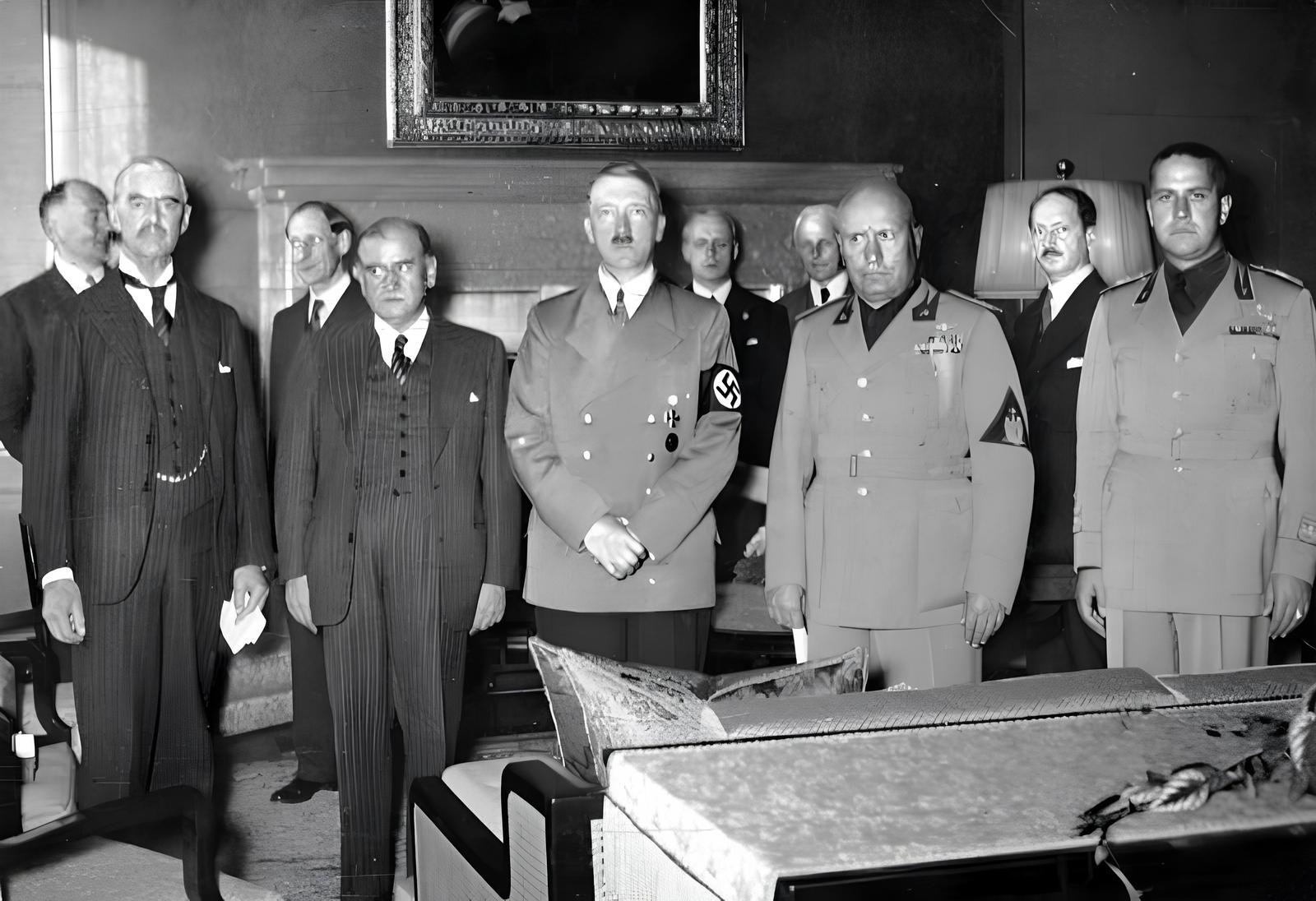 Chamberlain, Daladier, Hitler, Mussolini, and Ciano pictured before signing the Munich Agreement.