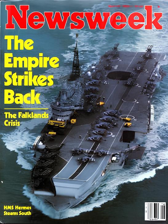 Newsweek dergisinin 19 Nisan 1982 tarihli kapağı, İngiliz Görev Gücü'nün amiral gemisi HMS Hermes'i tasvir ediyor. falklands savaşı