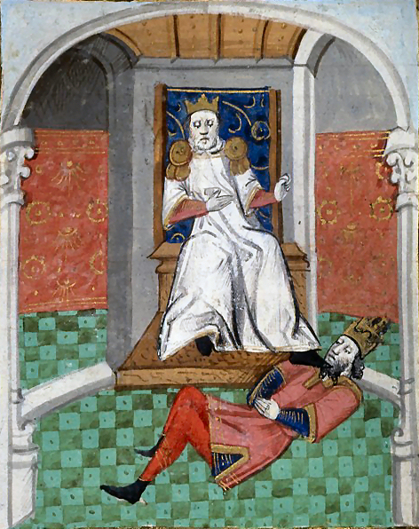 Alp Arslan İmparator IV. Romanos'u küçük düşürürken. Boccaccio'nun De Casibus Virorum Illustrium adlı eserinin 15. yüzyılda yapılmış resimli Fransızca çevirisinden.