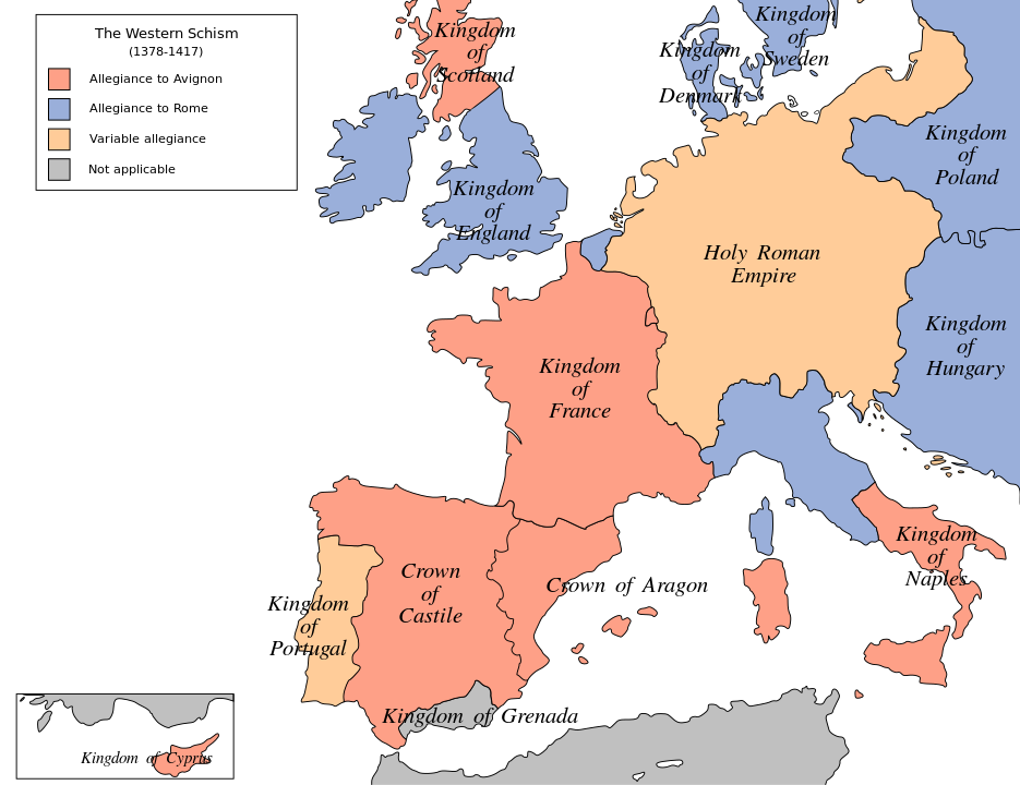 Batı Bölünmesinin tarihi haritası. Roma'ya sadık ülkeler maviyle, Avignon ise kırmızıyla işaretlenmiştir.
