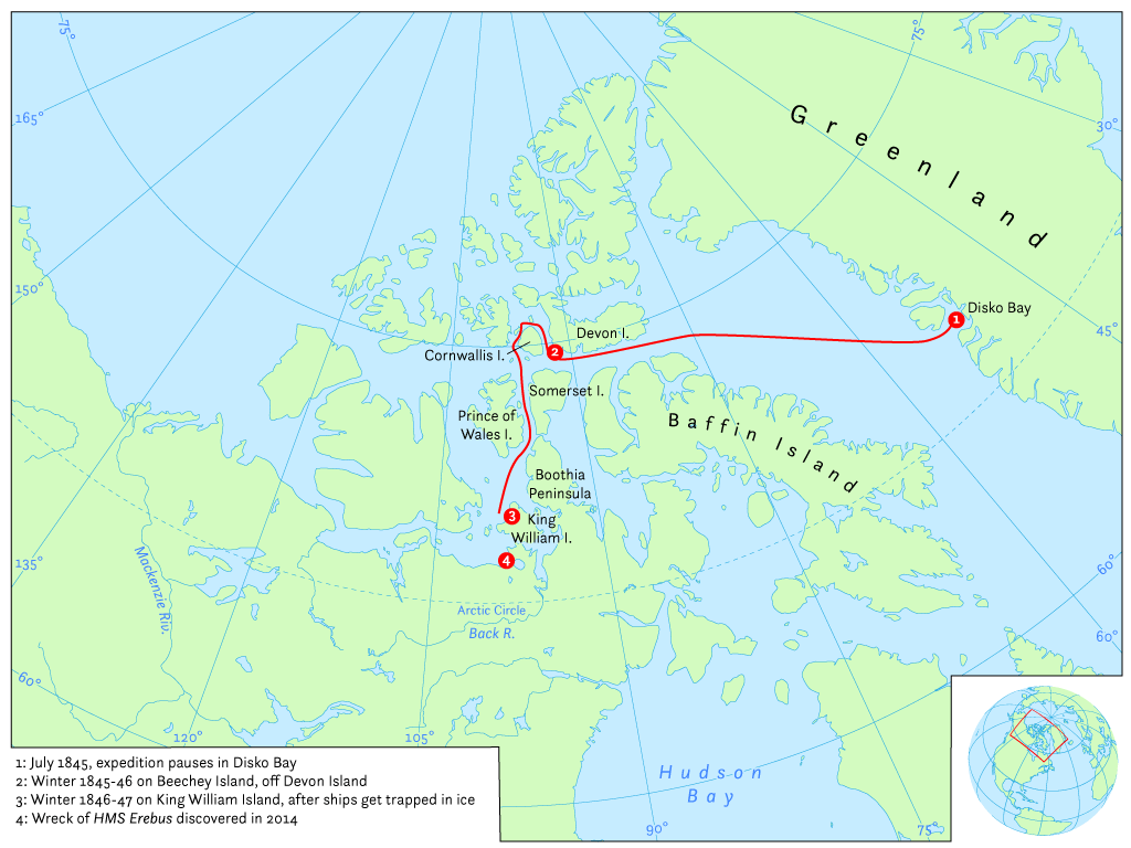 Franklin'in kayıp seferi sırasında HMS Erebus ve HMS Terror tarafından izlenen muhtemel rotaların haritası. Disko Körfezi, Mackenzie Nehri'nin ağzından yaklaşık 3.200 km uzaklıktadır.