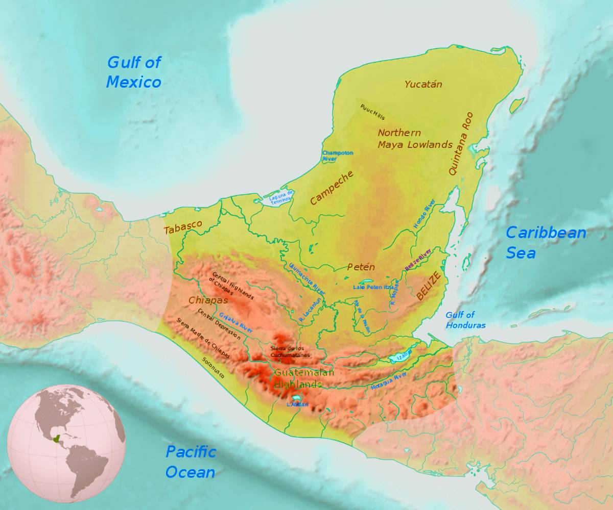 Ana nehirleri, sıradağları ve bölgeleri gösteren Maya bölgesinin haritası.