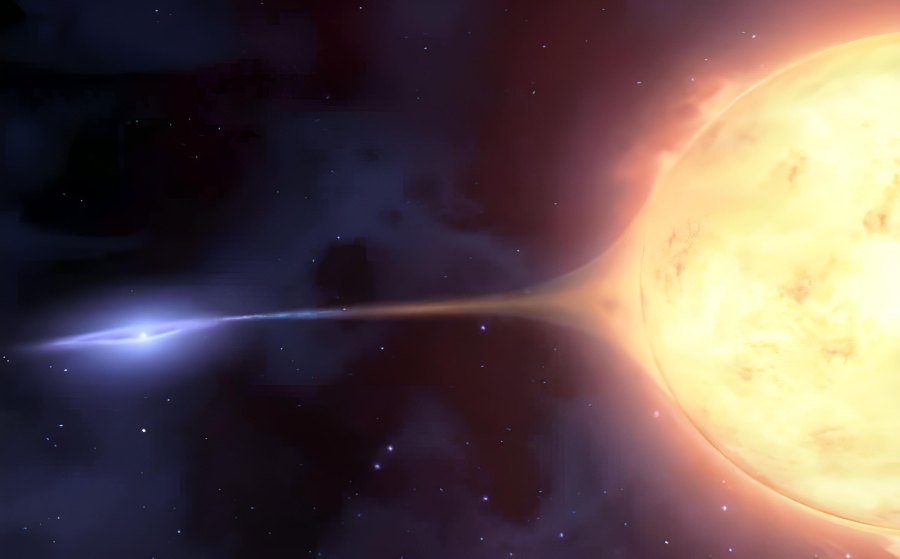 Tip 1a süpernova, bir beyaz cücenin (solda) eş yıldızından çok fazla madde emerek çökmesi ve patlamasıyla meydana gelir