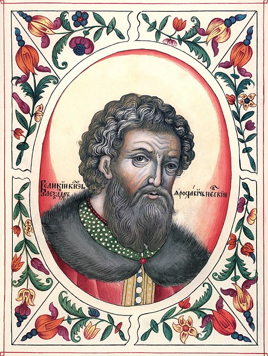 Prens Alexander Nevsky. Tsarskiy titulyarnik'ten (Çar'ın Başlıklar Kitabı) minyatür.