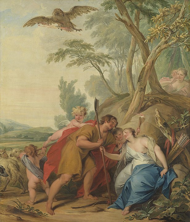 Çoban kılığına giren Jüpiter, Jacob de Wit'in (1727) yazdığı Mnemosyne'i baştan çıkarır.