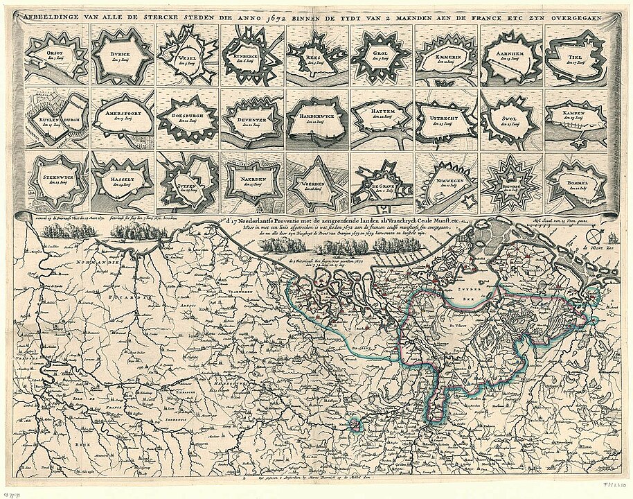 Hollanda'nın 1672'deki Fransız-Hollanda savaşı sırasında fethedilen tüm müstahkem kasabalarını gösteren çizim.
