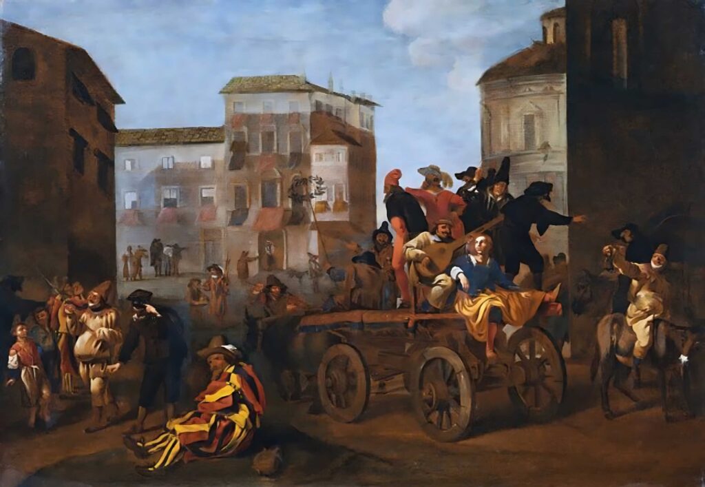 Jan Miel'den (1640) Şehir Meydanında Bir Araba Üzerinde Commedia dell'arte Topluluğu