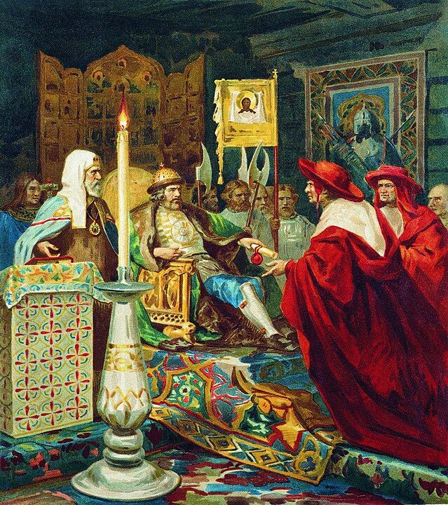 Prens Alexander Nevsky, Papalık elçilerini kabul ediyor, Henryk Siemiradzki'nin tablosu (1870'ler).