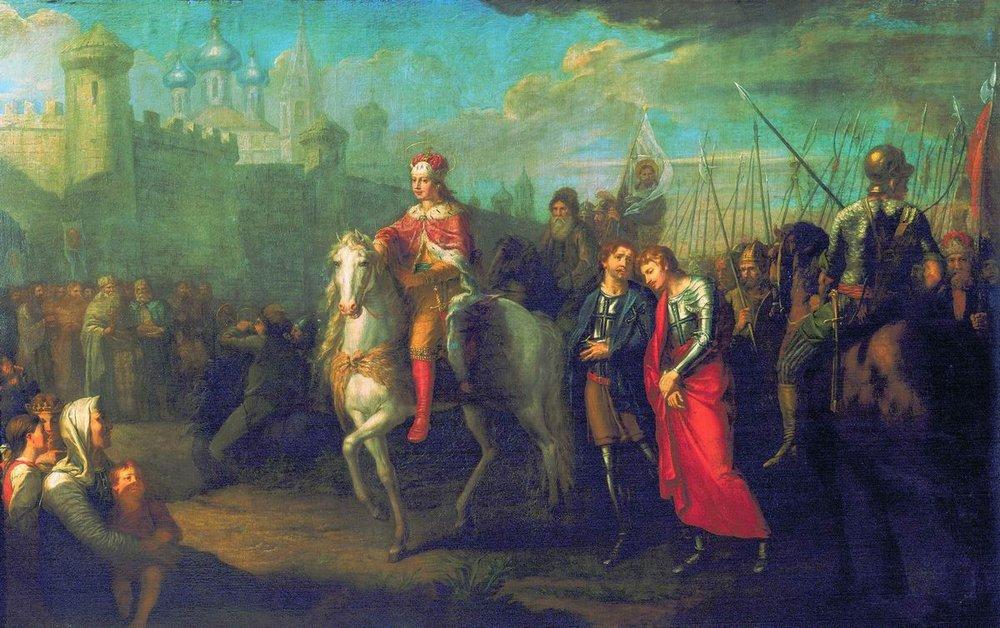 Sanatçı G.I. Ugryumov'un tablosu. Alexander Nevsky'nin Almanlara karşı kazandığı zaferden sonra Pskov şehrine zaferle girişi.